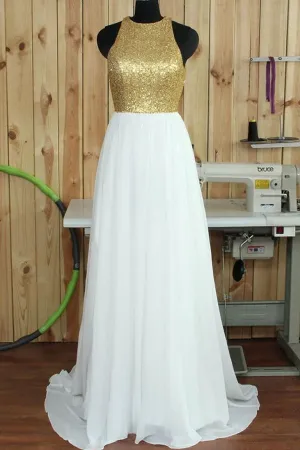 Anneprom Simple Round Neck Sweep Train Open Back White Prom Dresses With Sequins APP0115