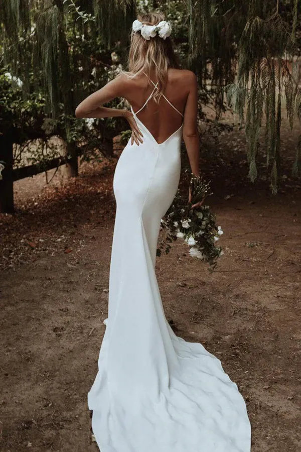 Anneprom Simple Spaghetti Straps Mermaid Beach Wedding Dress, Elegant Bridal Dress APW0396