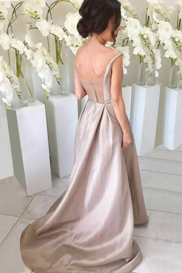 Anneprom Simple V-Neck Sleeveless High Low Sweep Train Silver Bridesmaid Dress APB0095