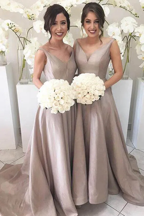 Anneprom Simple V-Neck Sleeveless High Low Sweep Train Silver Bridesmaid Dress APB0095