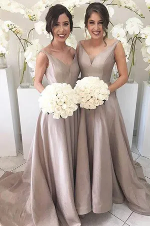 Anneprom Simple V-Neck Sleeveless High Low Sweep Train Silver Bridesmaid Dress APB0095
