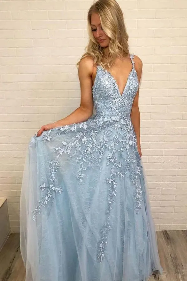 Anneprom Sky Blue Lace Prom Dresses Long V Neck Rose Red Formal Dress APP0003