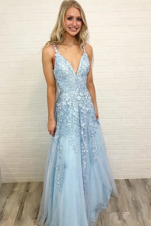 Anneprom Sky Blue Lace Prom Dresses Long V Neck Rose Red Formal Dress APP0003