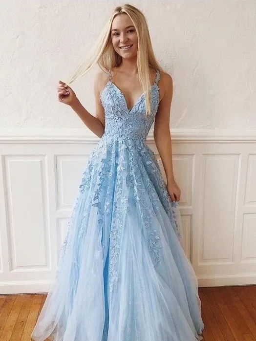 Anneprom Sky Blue Lace Prom Dresses Long V Neck Rose Red Formal Dress APP0003