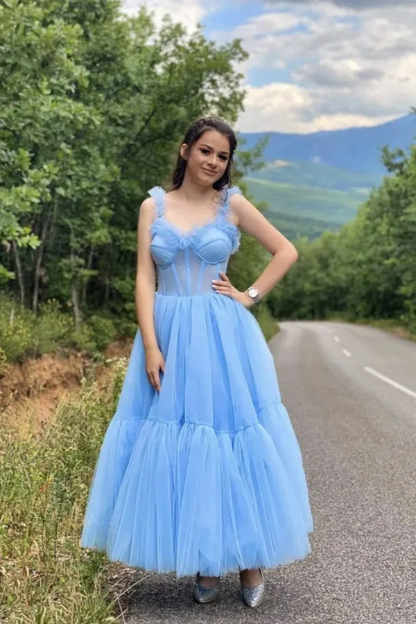 Anneprom Sky Blue Straps Tulle A Line Prom Dress Sweetheart Homecoming Dresses APP0480