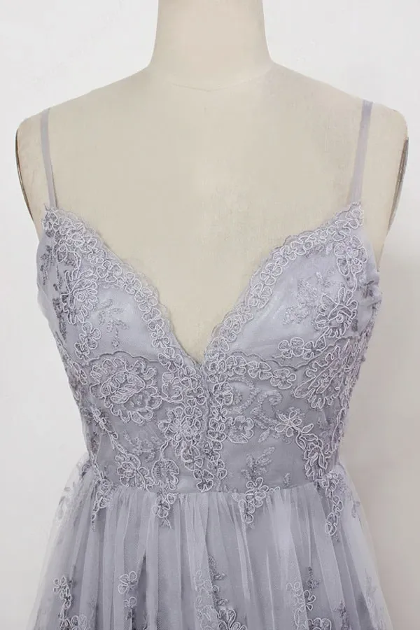 Anneprom Spaghetti Straps Sweep Train Backless Lavender Tulle Prom Dress APP0142