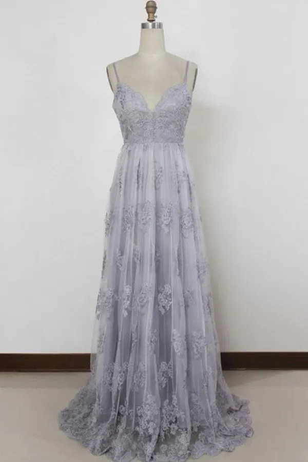 Anneprom Spaghetti Straps Sweep Train Backless Lavender Tulle Prom Dress APP0142