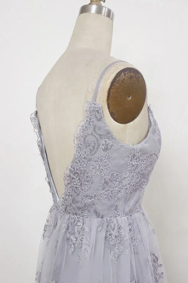 Anneprom Spaghetti Straps Sweep Train Backless Lavender Tulle Prom Dress APP0142