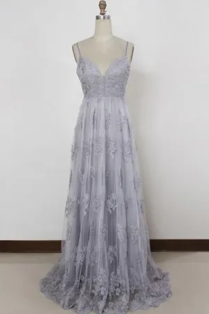 Anneprom Spaghetti Straps Sweep Train Backless Lavender Tulle Prom Dress APP0142
