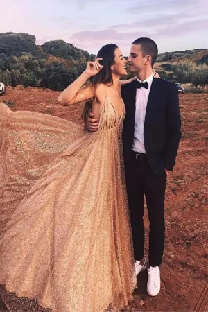 Anneprom Sparkly Sequin Long Prom Dress Spaghetti V Neck Backless Evening Dress APP0369