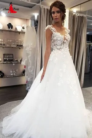 Anneprom Sweet A Line V Neck 3D Lace Wedding Dress, Fairy Long Wedding Dress, Lace Bridal Dress APW0340