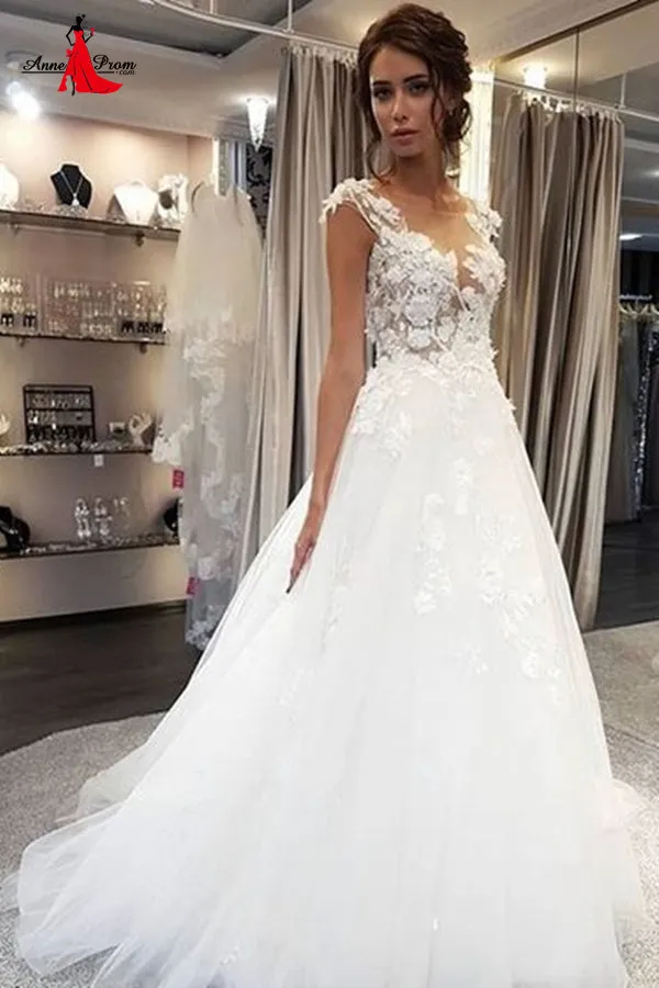 Anneprom Sweet A Line V Neck 3D Lace Wedding Dress, Fairy Long Wedding Dress, Lace Bridal Dress APW0340