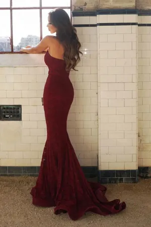 Anneprom Sweetheart Mermaid Sweep Train Burgundy Lace Prom Dress APP0104