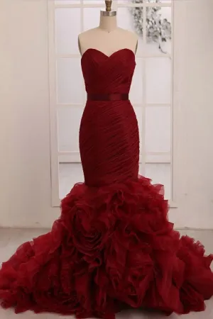 Anneprom Sweetheart Mermaid Tiered Train Organza Wedding Dress With Sash APW0169