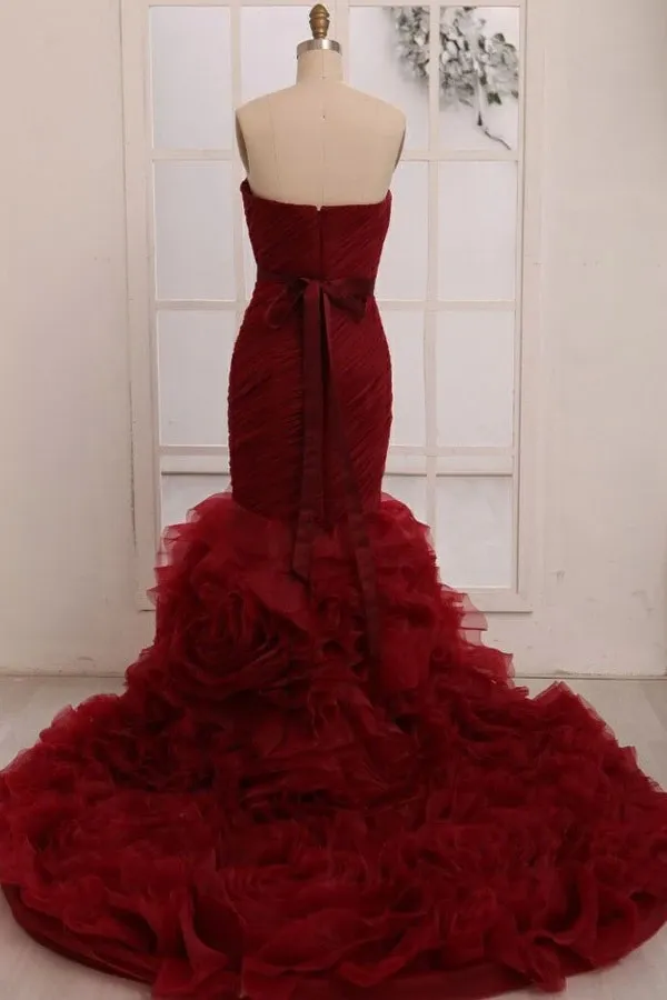 Anneprom Sweetheart Mermaid Tiered Train Organza Wedding Dress With Sash APW0169