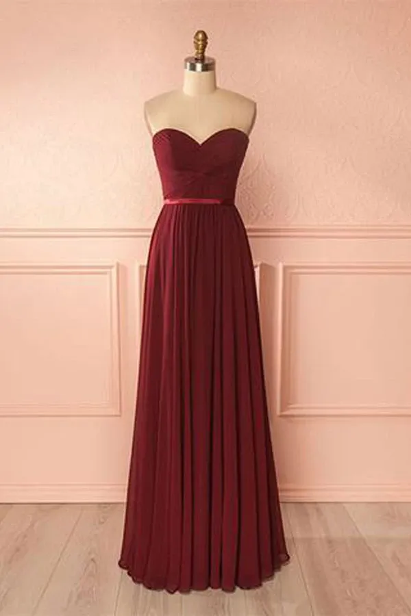 Anneprom Sweetheart Neck Chiffon Burgundy Long Prom Dress Bridesmaid Dress APP0177