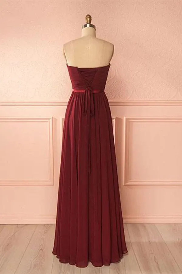 Anneprom Sweetheart Neck Chiffon Burgundy Long Prom Dress Bridesmaid Dress APP0177