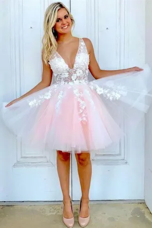 Anneprom Tie Back Appliqued Sheath Pink Short Prom Dress Homecoming Dress APH0006