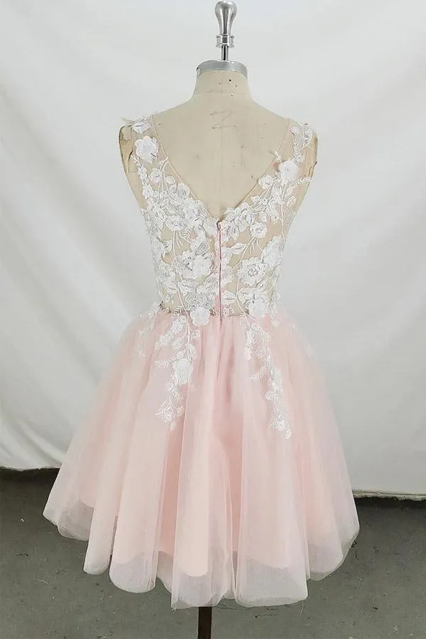 Anneprom Tie Back Appliqued Sheath Pink Short Prom Dress Homecoming Dress APH0006