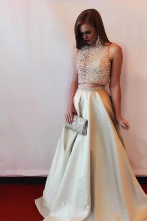 Anneprom Two-Piece Beaded A-Line Sleeveless Satin Long Prom Dress Evening Dress APP0143