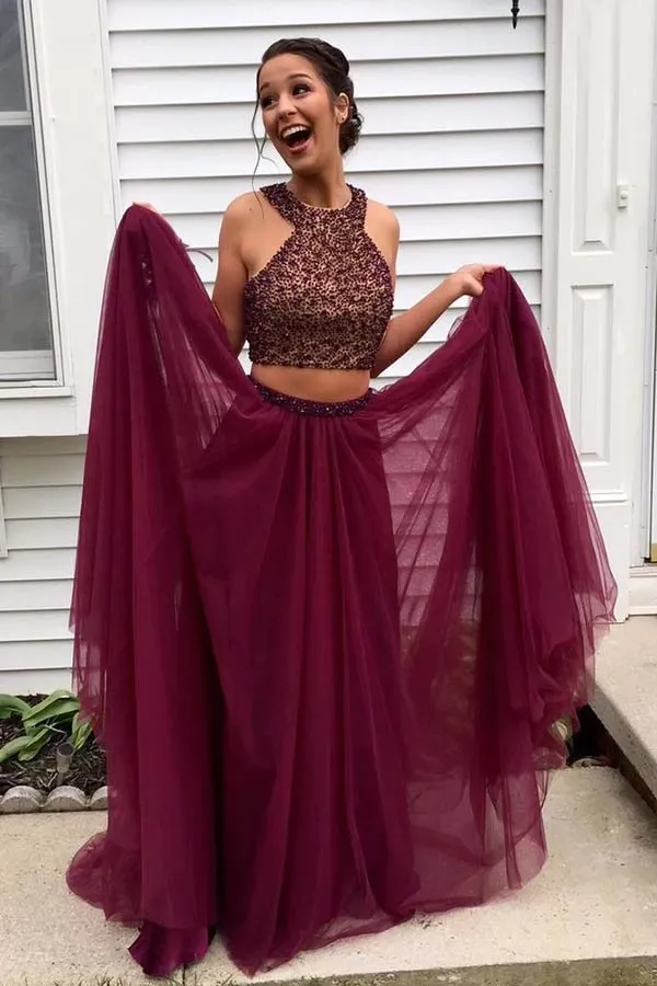 Anneprom Two Piece Halter Burgundy Tulle Open Back Beading Prom Dresses APP0214
