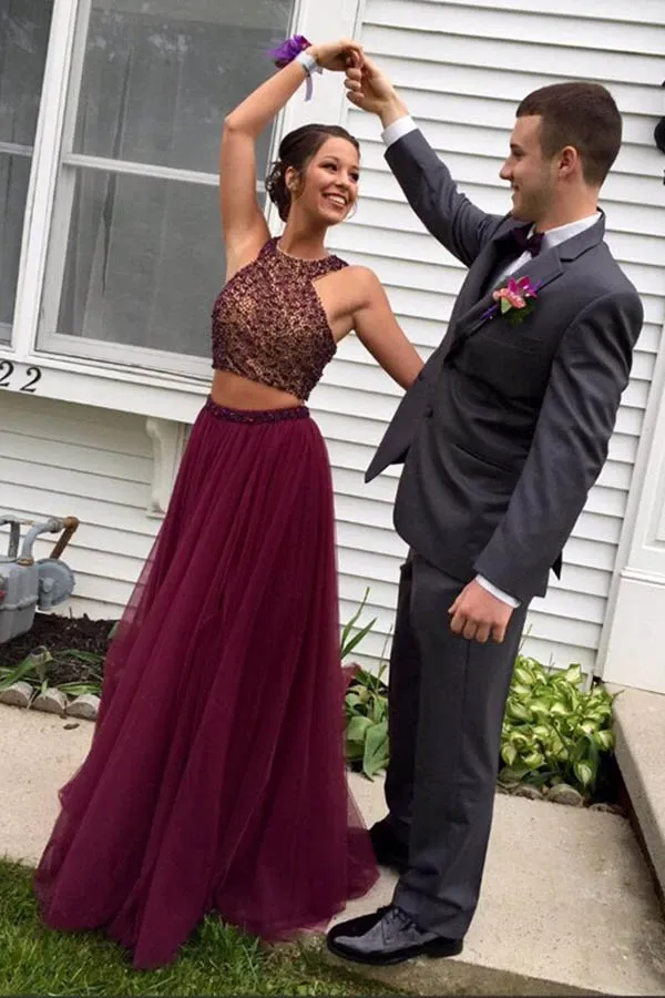 Anneprom Two Piece Halter Burgundy Tulle Open Back Beading Prom Dresses APP0214
