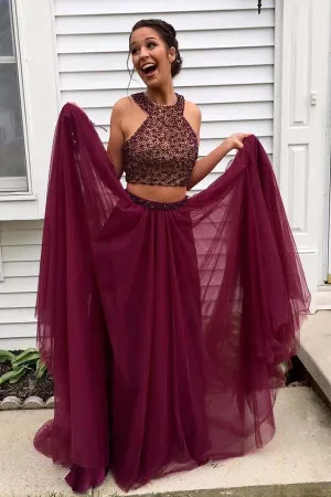 Anneprom Two Piece Halter Burgundy Tulle Open Back Beading Prom Dresses APP0214