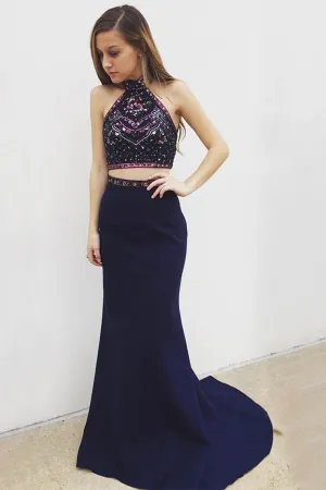 Anneprom Two Piece Mermaid Halter Long Navy Blue Prom Dress With Beading APP0121