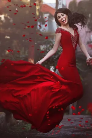 Anneprom V Neck Cap Sleeves Long Backless Red Mermaid Prom Dress With Beading APP0119