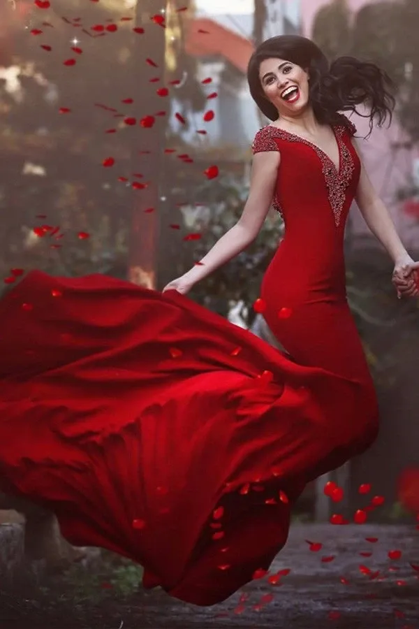 Anneprom V Neck Cap Sleeves Long Backless Red Mermaid Prom Dress With Beading APP0119