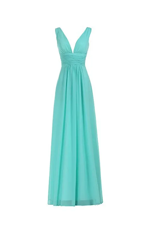 Anneprom V-Neck Ruched Waist Long Prom Evening Gown Bridesmaid Dress APB0040
