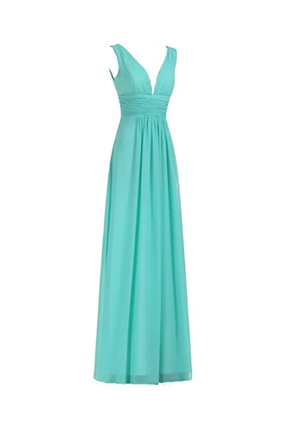 Anneprom V-Neck Ruched Waist Long Prom Evening Gown Bridesmaid Dress APB0040