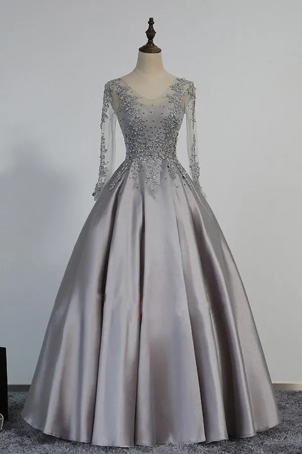Anneprom Vintage V-Neck Long Sleeves Appliques Beading Long Evening Dress APP0116
