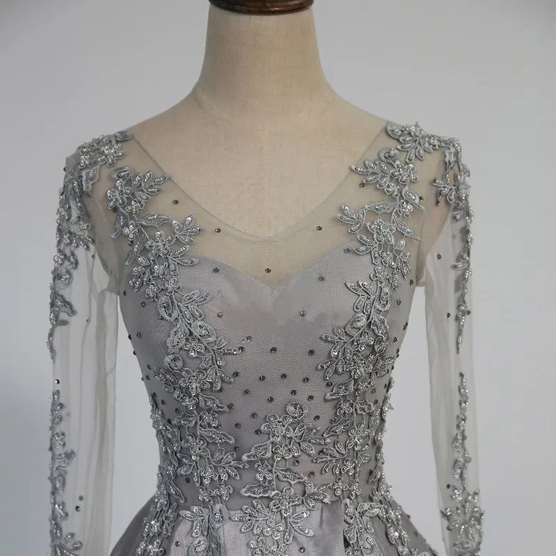 Anneprom Vintage V-Neck Long Sleeves Appliques Beading Long Evening Dress APP0116