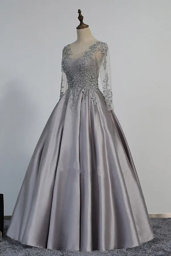 Anneprom Vintage V-Neck Long Sleeves Appliques Beading Long Evening Dress APP0116