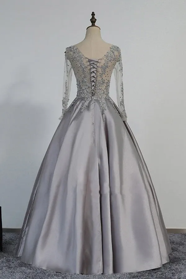 Anneprom Vintage V-Neck Long Sleeves Appliques Beading Long Evening Dress APP0116