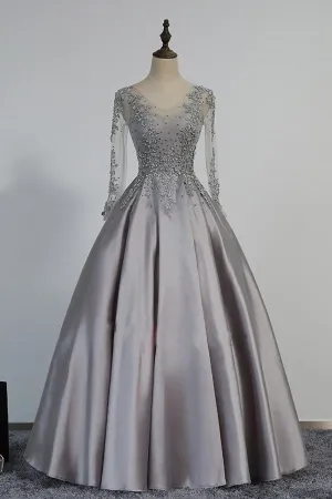 Anneprom Vintage V-Neck Long Sleeves Appliques Beading Long Evening Dress APP0116