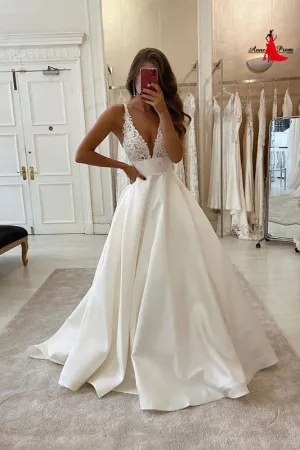 Anneprom White v neck satin lace long prom dress evening dress APW0367