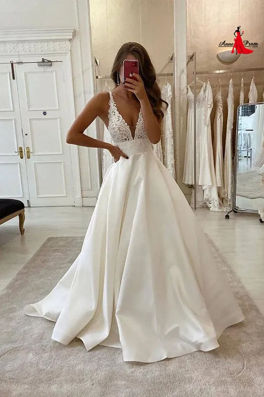 Anneprom White v neck satin lace long prom dress evening dress APW0367