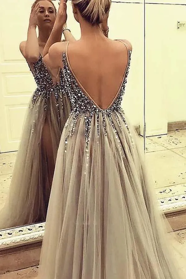 Backless Grey Sexy Prom Dresses with Slit Beaded Evening Gowns  TP0883