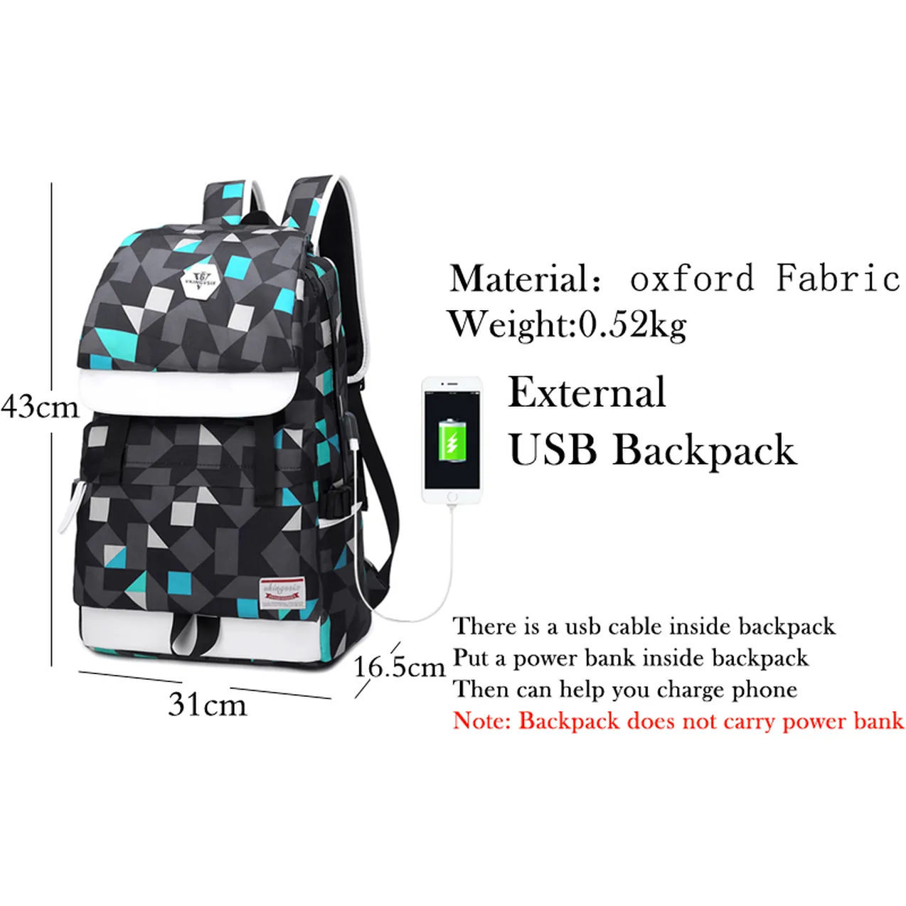 Backpack USB Charging<br> Oxford