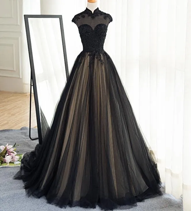 Beautiful Black Prom Dresses High Neck Sweep Train Prom Dress, Black Party Dress