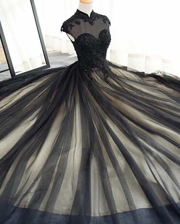 Beautiful Black Prom Dresses High Neck Sweep Train Prom Dress, Black Party Dress