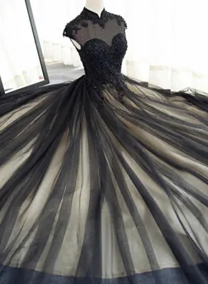 Beautiful Black Prom Dresses High Neck Sweep Train Prom Dress, Black Party Dress