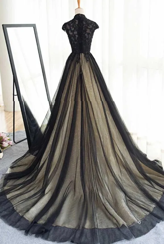Beautiful Black Prom Dresses High Neck Sweep Train Prom Dress, Black Party Dress