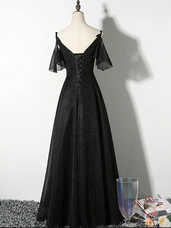 Beautiful Black Straps V-neckline Long Party Dress, Black Formal Gown