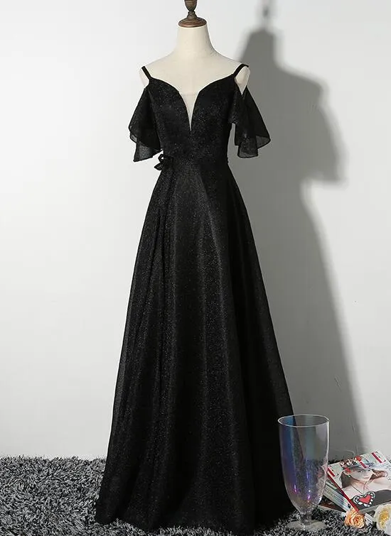 Beautiful Black Straps V-neckline Long Party Dress, Black Formal Gown