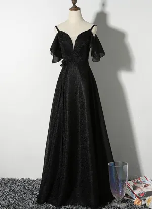 Beautiful Black Straps V-neckline Long Party Dress, Black Formal Gown