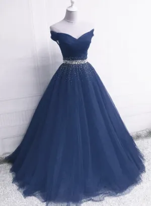 Beautiful Blue Tulle Long Sweetheart Beaded Party Dress, Blue Formal Dress