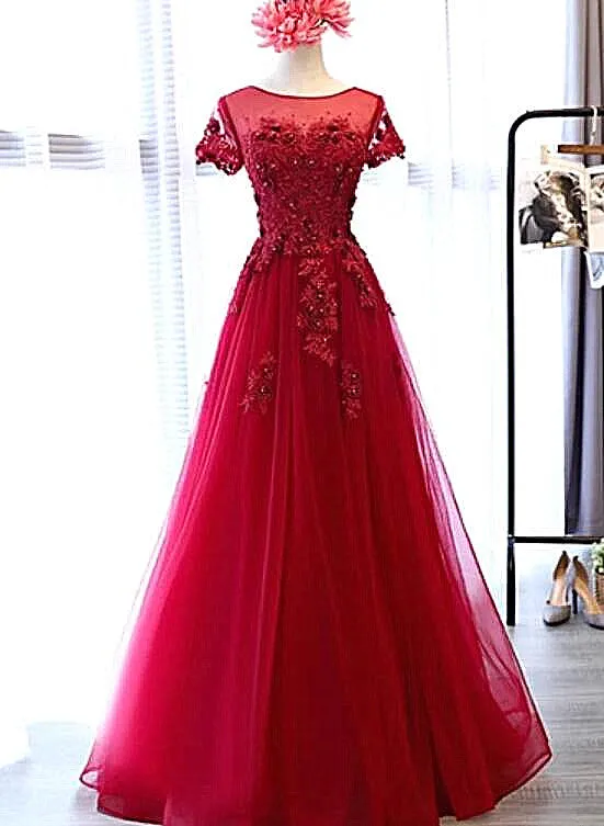 Beautiful Dark Red Tulle Cap Sleeves Long Party Dress, Red Party Dress